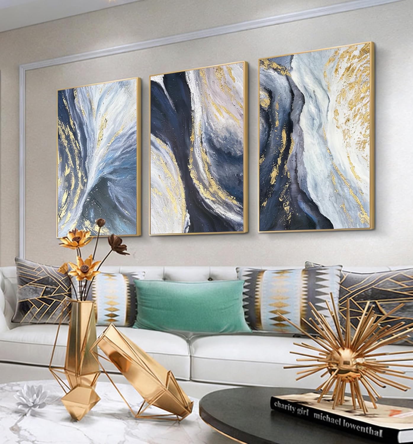 3 Piece Abstract Wall Art for Living Room, Blue and Gold Fluid Art Canvas Painting with Gold Frame for Office, Modern Luxury Wall Decor for Bedroom Ready to Hang 72x36 inches