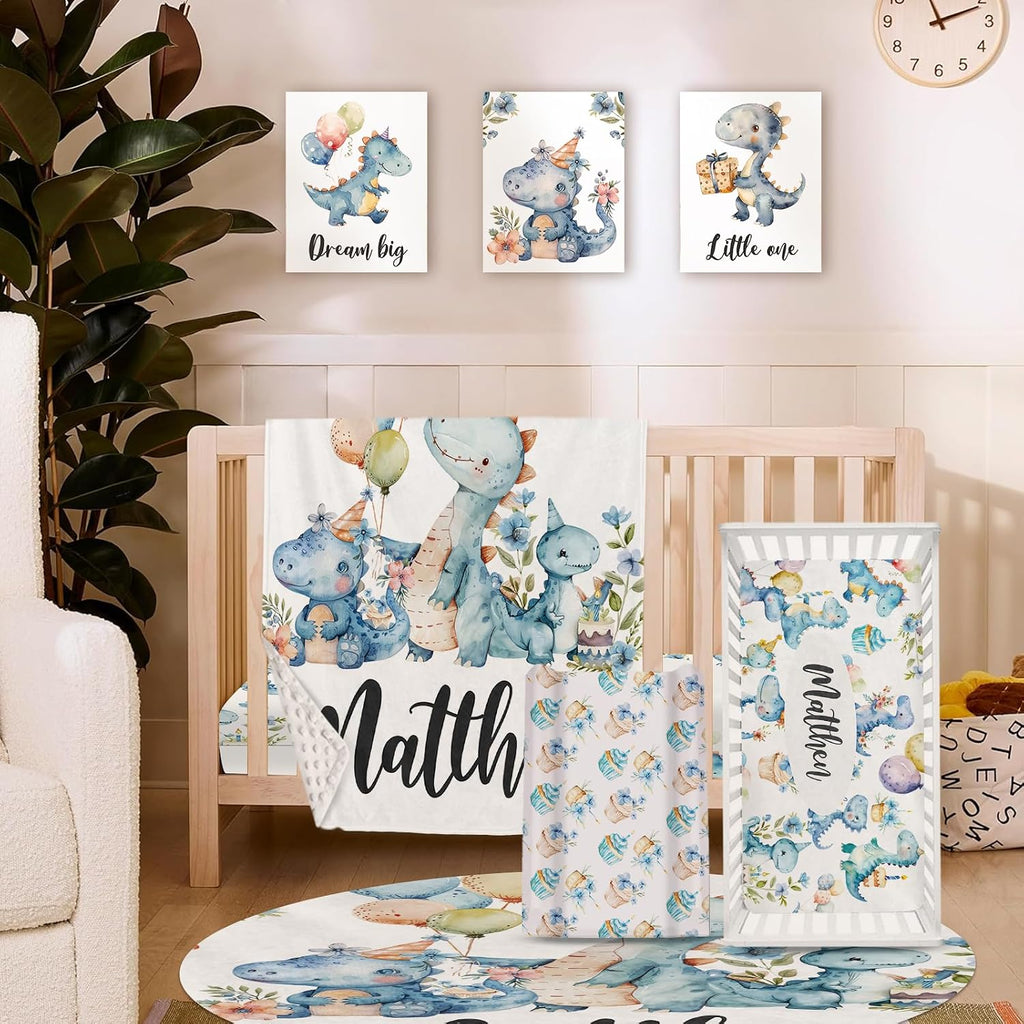 Personalized Crib Bedding Set for Baby Boys Girls, Custom Name Baby Crib Sets 5-Pcs - Toddler Double Layer Blanket Fitted Sheet Changing Pad Cover Rug Wall Art Set, Dinosaur Theme Nursery Décor