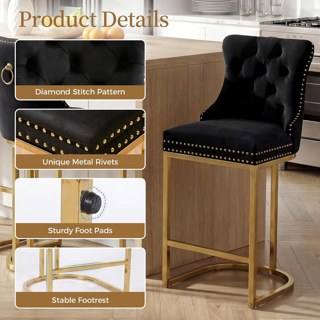 AQO 26 Inch Bar Stools Set of 3, Modern Counter Height Bar Stools with Gold Legs, Upholstered Velvet Counter Stools for Kitchen Island, Black