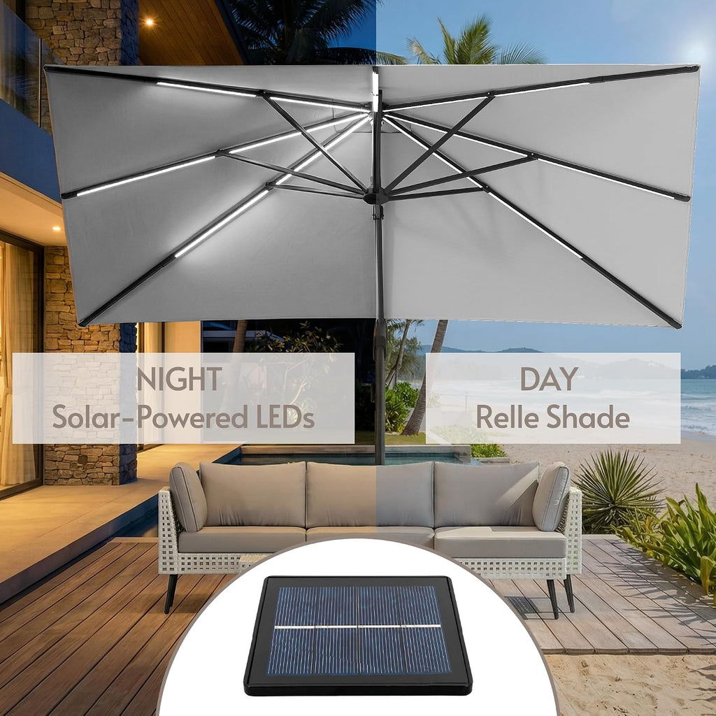ENSTVER 11x11ft Large Cantilever Umbrella With Base Included & Solar Powered Led Lights, Deluxe Curvy All-Aluminum Rectangular Patio Umbrella For Deck, Pool And Backyard (Grey)