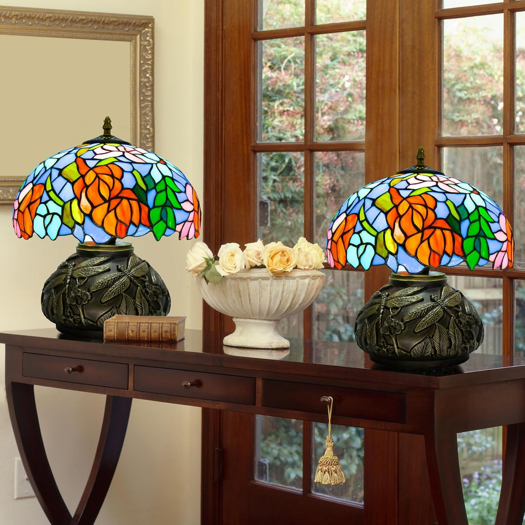 Tiffany Table Lamp,12 Inch Stained Glass Table Lamp,Mushroom Style Vintage Desk Lights Included E26 LED with Remote Control for Bedside,Bedroom,Living Room(Leaf Wisteria)