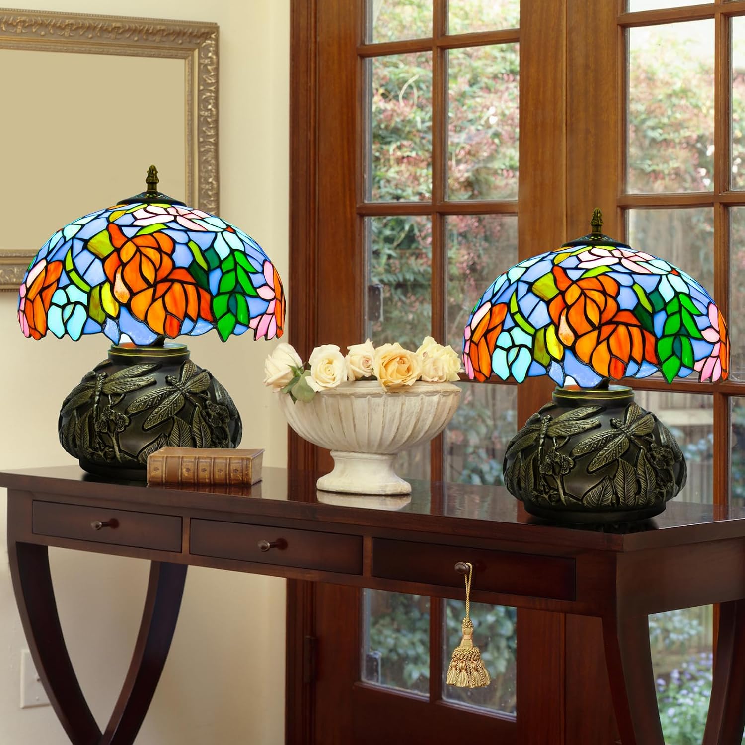 Tiffany Table Lamp,12 Inch Stained Glass Table Lamp,Mushroom Style Vintage Desk Lights Included E26 LED with Remote Control for Bedside,Bedroom,Living Room(Leaf Wisteria)