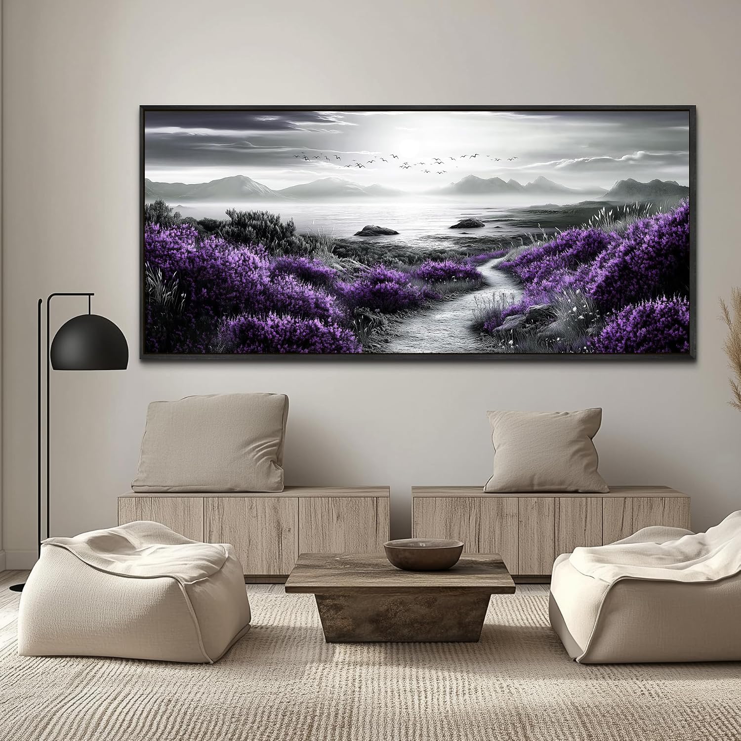 FUHAIHUA Canvas Wall Art For Living Room Wall Decor For Bedroom Office Wall Decoration Purple Flowers Landscape Painting Black And White Pictures Artwork Room Aesthetic Home Decor 32x72 In