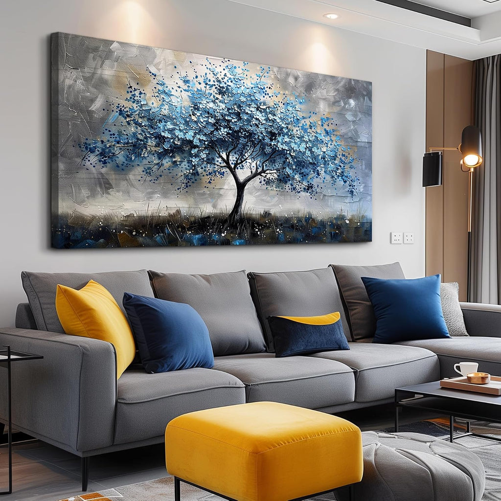 MHARTK66 Farmhouse Wall Art For Bedroom Large Canvas Wall Decor For Living Room Blue Tree Landscape Wall Pictures Artwork Stretched and Framed Canvas Paintings Ready to Hang for Office Home Decor