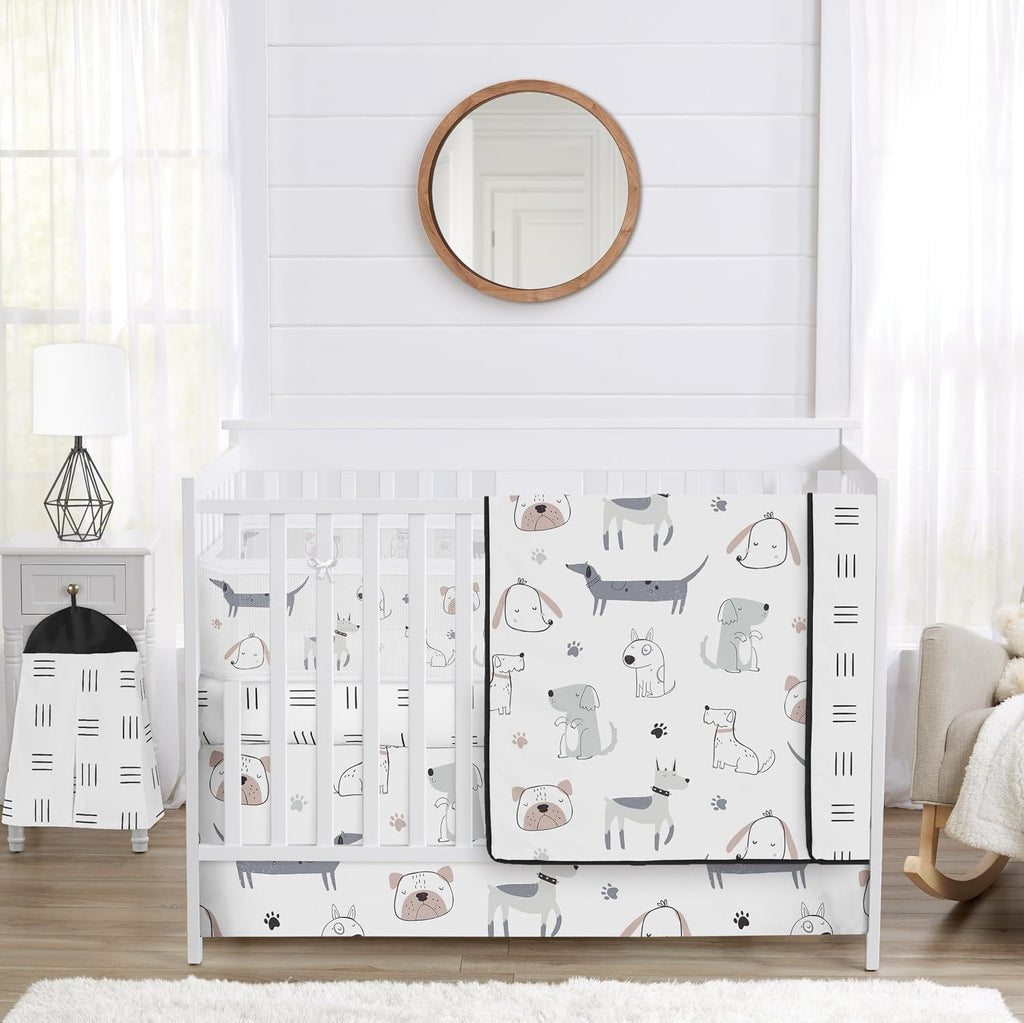 Sweet Jojo Designs 6-Piece Baby Crib Bedding Set (Dog) for Boys/Girls, Infants/Nursery incl. BreathableBaby Mesh Liner Blanket, Fitted Sheet, Skirt, Diaper Stacker (Gender Neutral, Modern, Puppy, Pet)