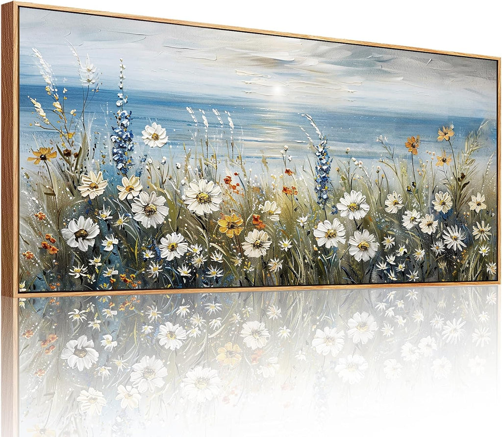 SERIMINO Floral Wall Decor, Extra Large Wall Art for Living Room, Coastal Wall Art, Framed Artwork for Walls, Sunrise Landscape Big Canvas Prints, Daisy Flower Painting Office Hotel Hallway 32'x71'