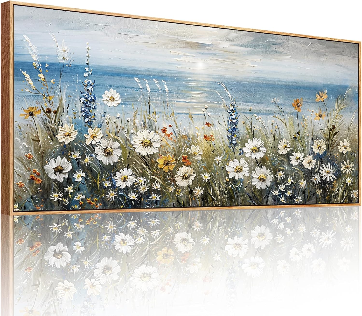 SERIMINO Floral Wall Decor, Extra Large Wall Art for Living Room, Coastal Wall Art, Framed Artwork for Walls, Sunrise Landscape Big Canvas Prints, Daisy Flower Painting Office Hotel Hallway 32'x71'