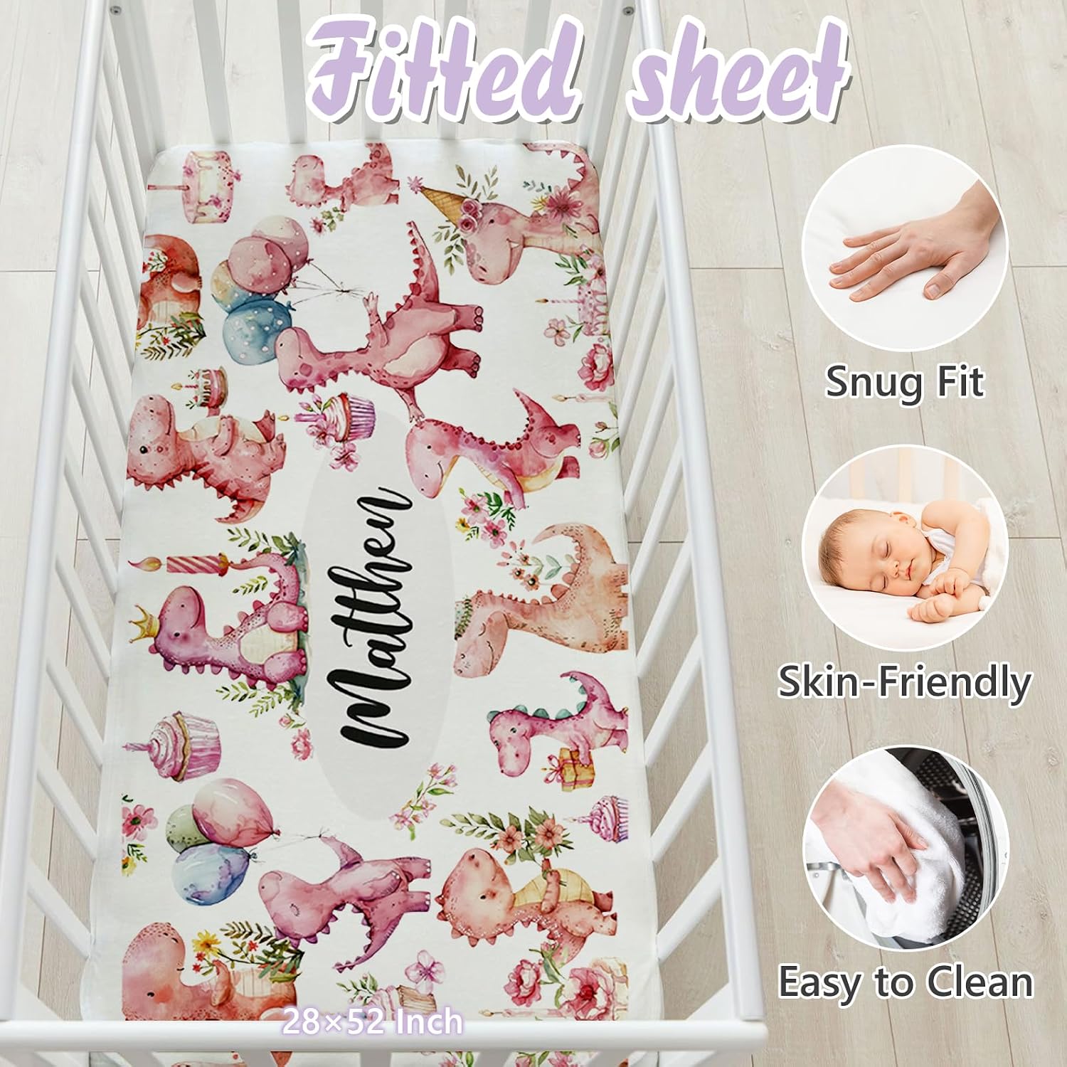 Custom Baby Crib Bedding Set, 5 PCS Personalized Name Baby Crib Sets for Girls Boys, Pink Dinosaur Theme Nursery Bedding Sets for Infant Toddler, Double Layer Flannel Bed Set Customized Gifts