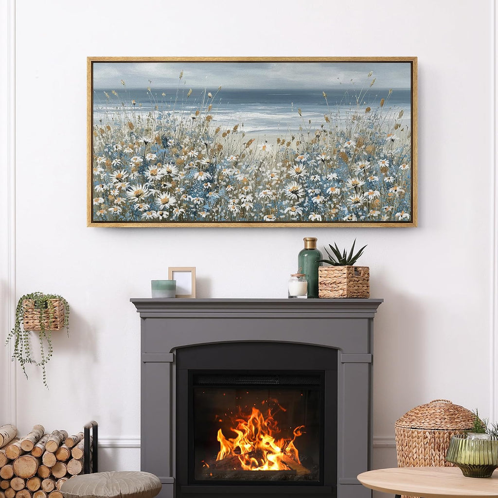 SIGNFORD Extra Large Framed Canvas Print Wall Art Coastal Wildflowers Beach Meadow Landscape llustrations Modern Art Relax/Calm Warm for Living Room, Bedroom, Office - 60'x30'