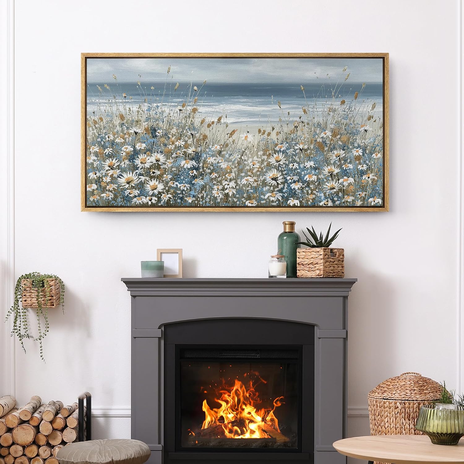 SIGNFORD Extra Large Framed Canvas Print Wall Art Coastal Wildflowers Beach Meadow Landscape llustrations Modern Art Relax/Calm Warm for Living Room, Bedroom, Office - 60'x30'