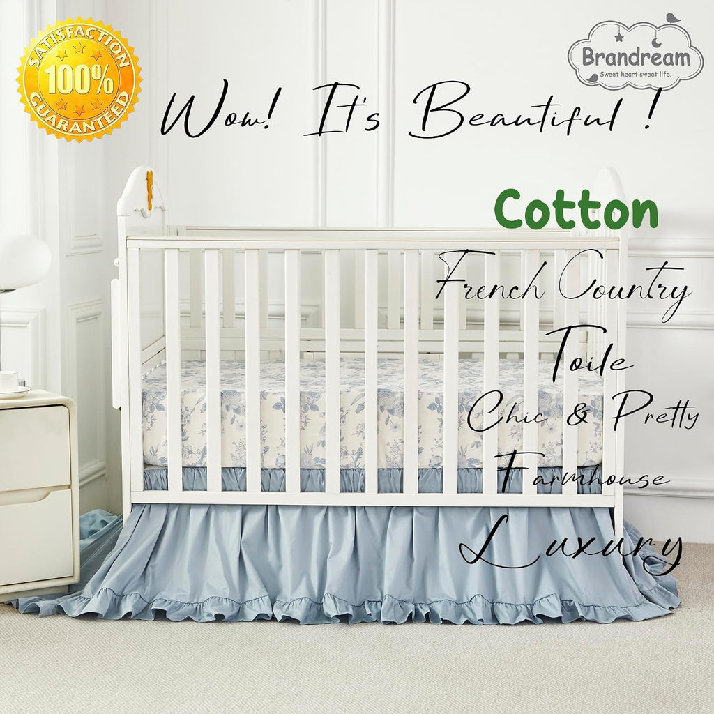 Brandream French Country Toile Crib Bedding Set for Girls Vintage Blue Grandmillennial Toile Floral Print 100% Cotton Baby Girl Nursery Bedding - 3 Pieces Ruffles Quilt,Toile Crib Sheet,Crib Bed Skirt