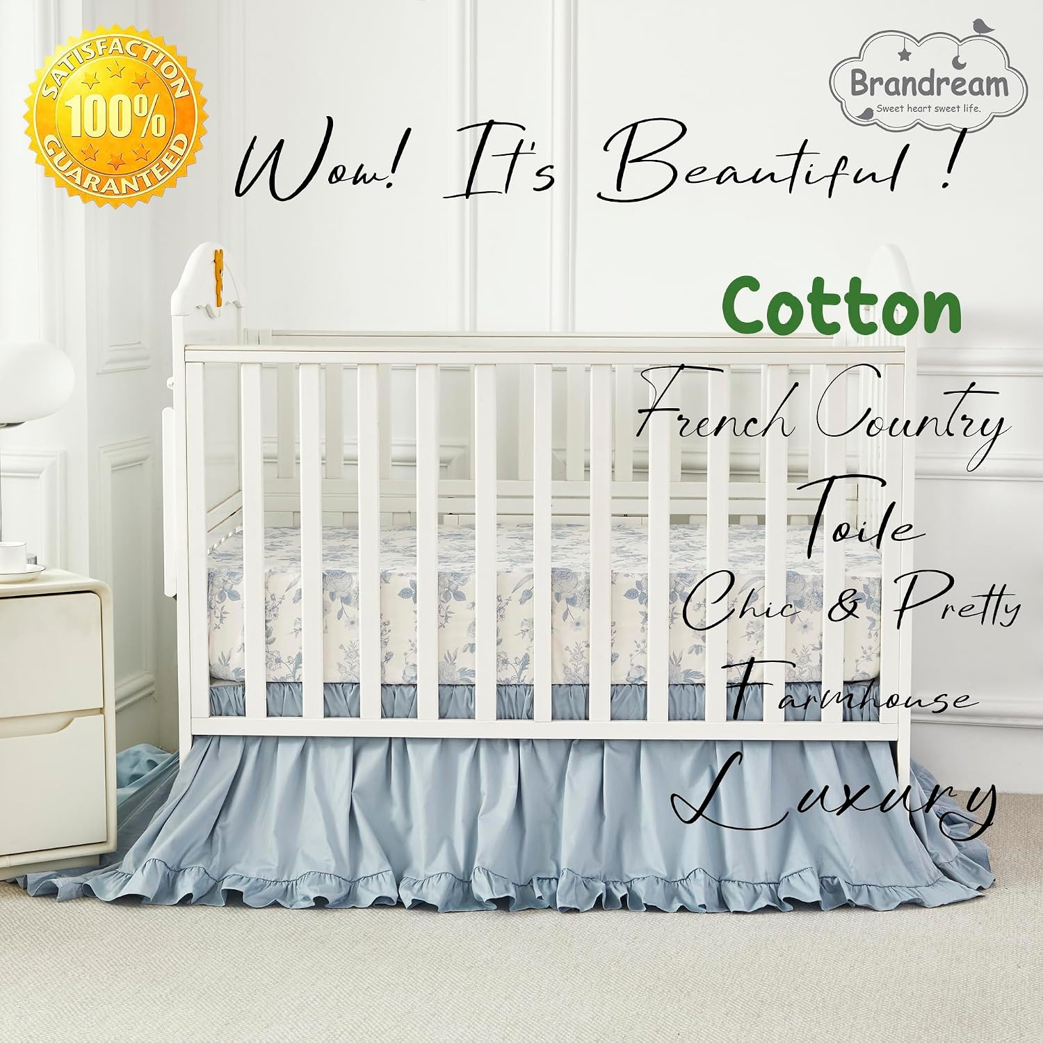 Brandream French Country Toile Crib Bedding Set for Girls Vintage Blue Grandmillennial Toile Floral Print 100% Cotton Baby Girl Nursery Bedding - 3 Pieces Ruffles Quilt,Toile Crib Sheet,Crib Bed Skirt
