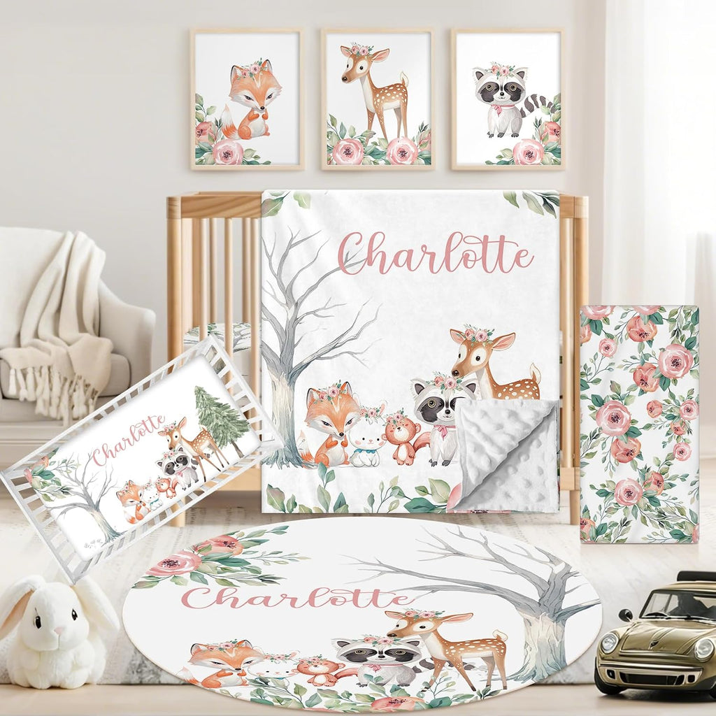 Personalized Baby Crib Bedding Set, 5 Pcs Custom Name Nursery Bedding Set for Girls Boys, Pink Forest Animals Baby Crib Set for Toddlers Infants, Double Layer Bedding Crib Sets Customized Gifts