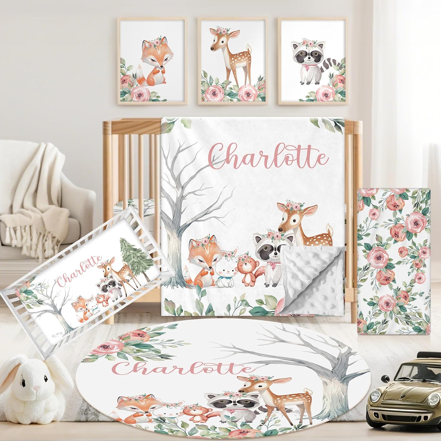 Personalized Baby Crib Bedding Set, 5 Pcs Custom Name Nursery Bedding Set for Girls Boys, Pink Forest Animals Baby Crib Set for Toddlers Infants, Double Layer Bedding Crib Sets Customized Gifts