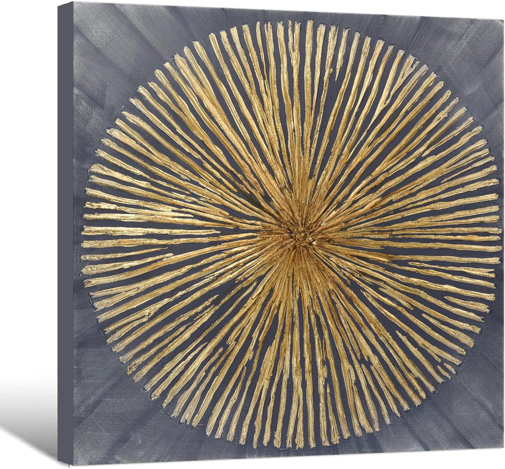 7Fisionart Large Abstract Sunburst Canvas Wall Art Gold Sunburst on Gray Background Textured Modern Canvas Prints Artwork for Bedroom Living Room Kitchen Home Office 40'x40'
