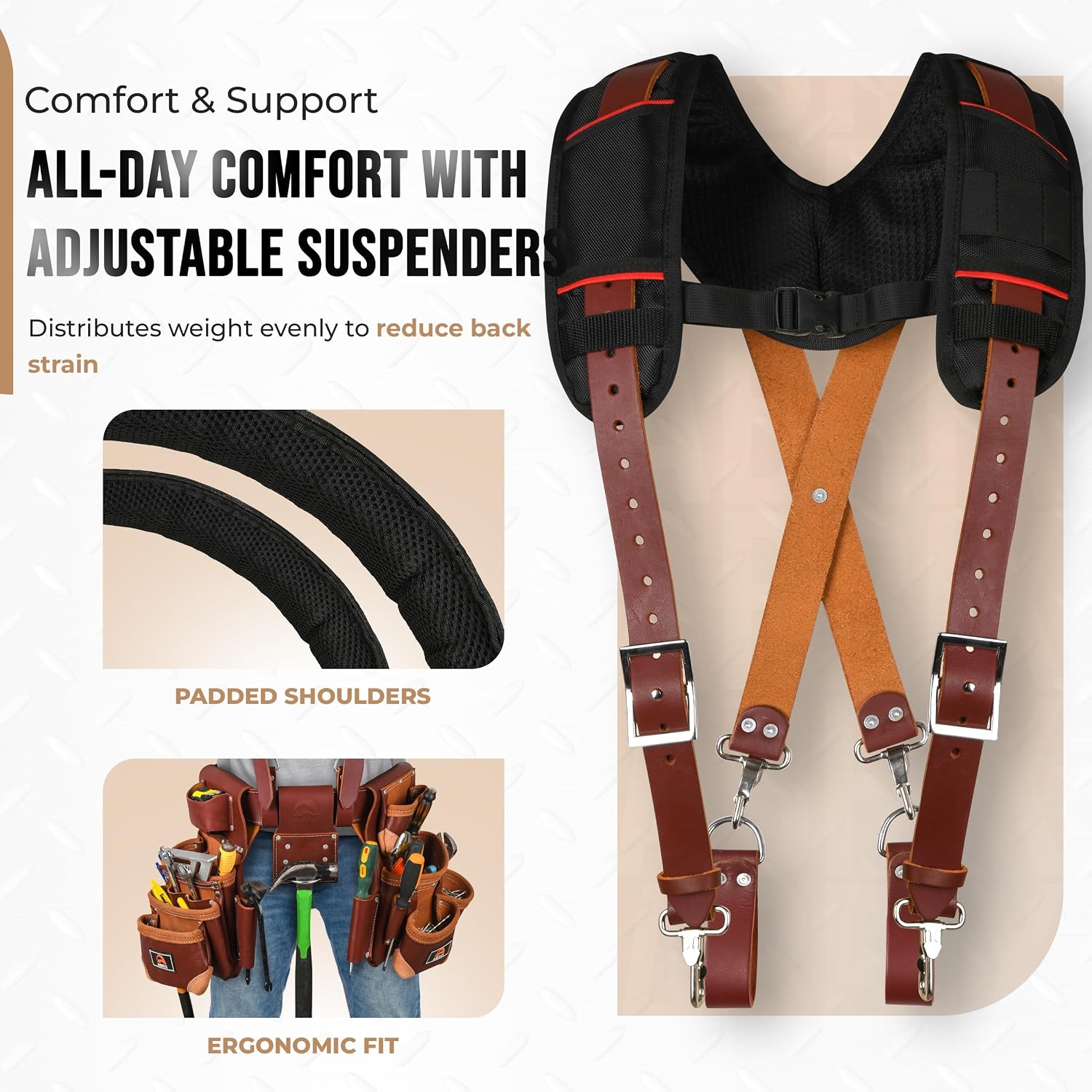 ABRIX Heavy Duty Tool Belt for Men – 4MM Thick Genuine Leather, Brass Buckle & Rivets | Foam Padded Comfort | 28-Pocket Carpenter & Framing Rig with Suspender | Work Belt Fit upto 32' to 52'