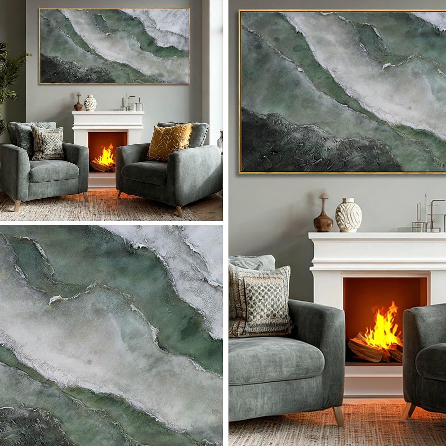 Green and White Abstract Wall Art 29x58 Inch, Large Framed Canvas Painting with Wooden Frame, Modern Abstract Wall Decor for Living Room Bedroom Dining Room or Office