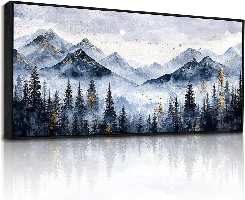 SERIMINO Extra Large Framed Mountain Forest Wall Art, 32'x71', Misty Pine Tree Watercolor in Blue Gold, Nature Scenery Canvas Wall Decor for Living Room, Bedroom, Office Decor