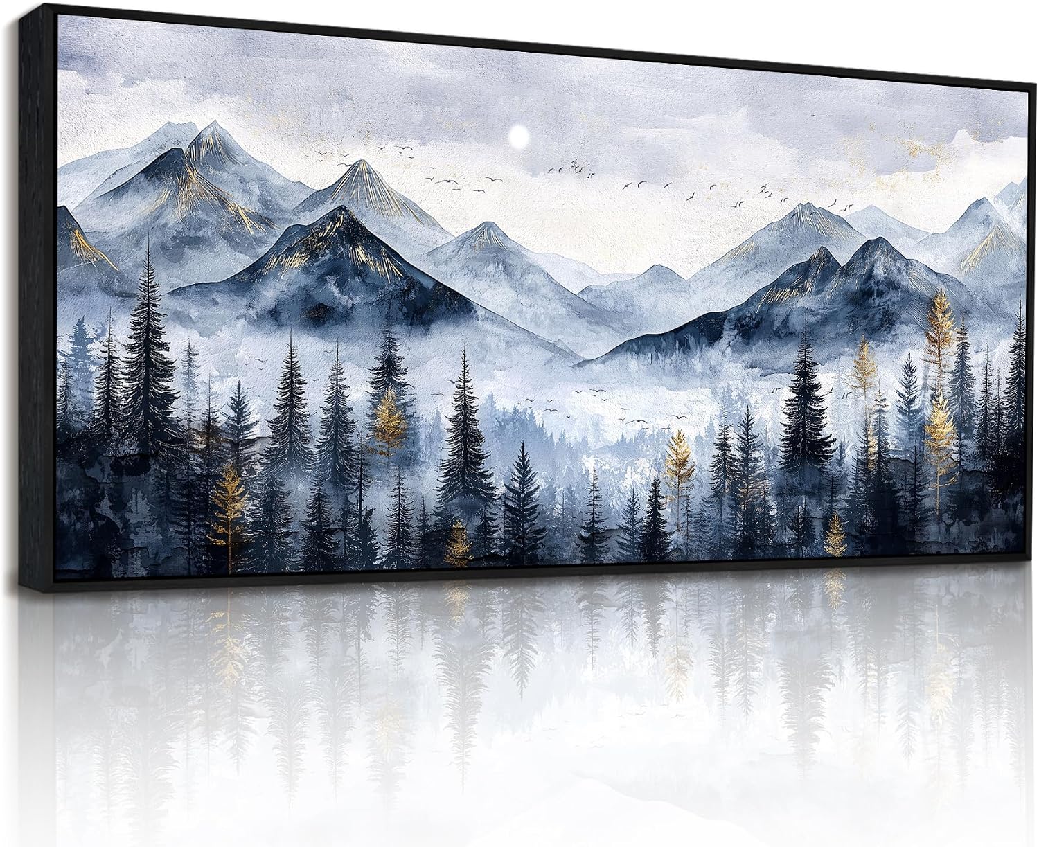 SERIMINO Extra Large Framed Mountain Forest Wall Art, 32'x71', Misty Pine Tree Watercolor in Blue Gold, Nature Scenery Canvas Wall Decor for Living Room, Bedroom, Office Decor