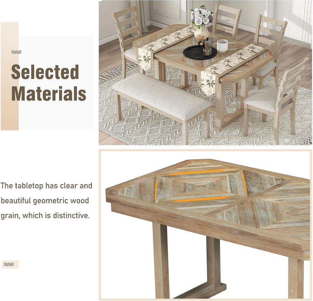 Solid Wood 6-Piece Dining Room Table Set with Beautiful Wood Grain Pattern Tabletop, Rustic Style Kitchen Dining Table Set with 4 Padded Ergonomic Chairs & a Bench (Natural Wash-Grain)