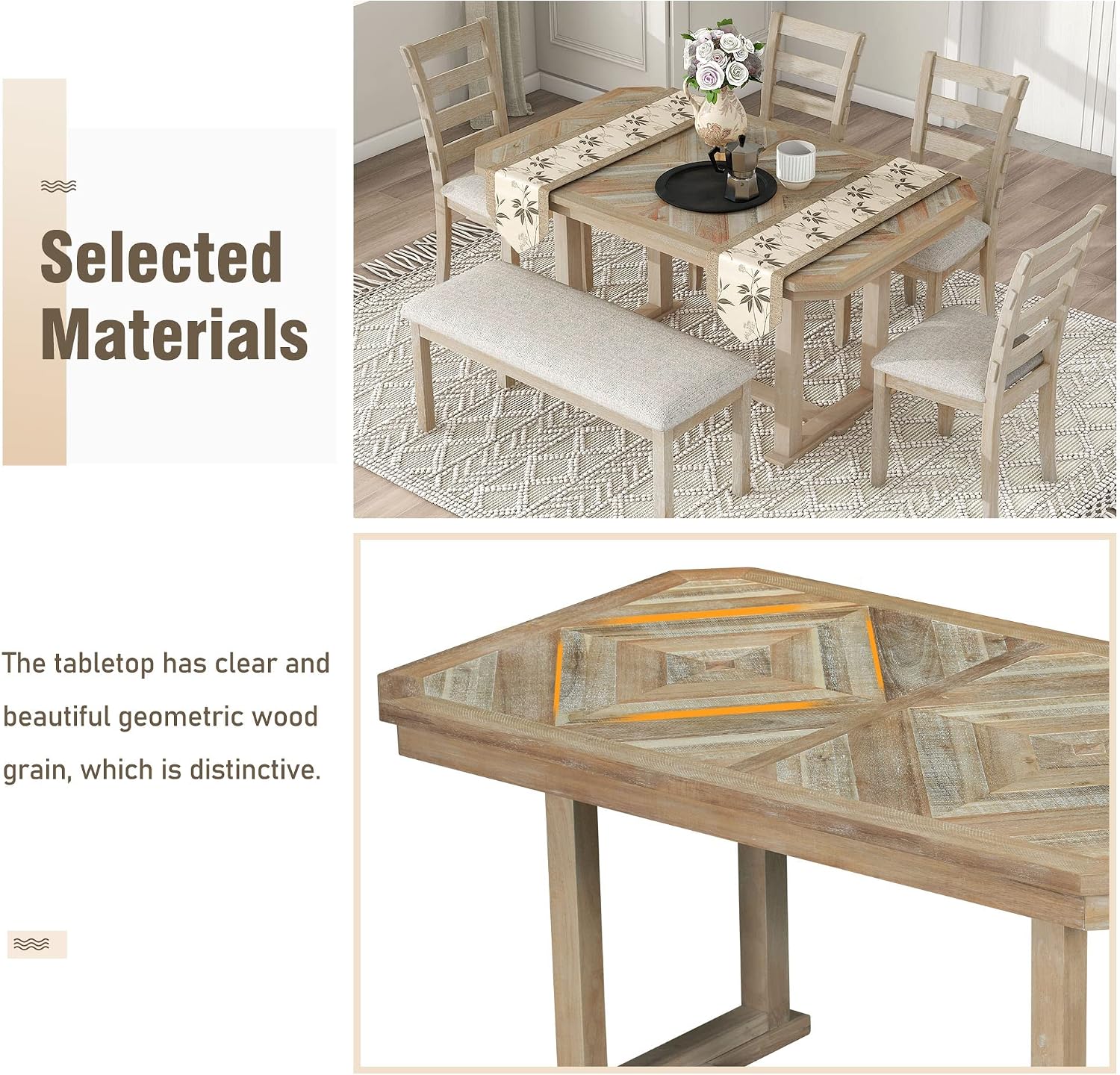 Solid Wood 6-Piece Dining Room Table Set with Beautiful Wood Grain Pattern Tabletop, Rustic Style Kitchen Dining Table Set with 4 Padded Ergonomic Chairs & a Bench (Natural Wash-Grain)