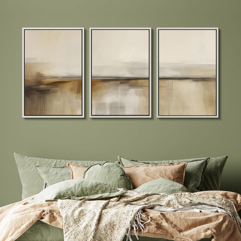 SIGNFORD Framed Canvas Print Wall Art Set Desert Haze Abstract Neutral Beige and Brown Illustrations Modern Art Relax/Calm for Living Room, Bedroom, Office - 16'x24'x3 White