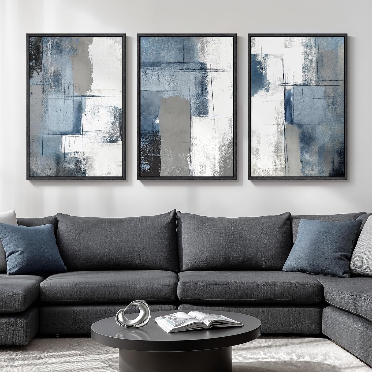 Large Framed Blue and Grey Abstract Wall Art, 3 Piece Modern Canvas Prints Paintings Artwork for Walls, Minimalist Abstract Block Pictures for Living Room Entryway Hallway Bedroom Wall Decor 20x30 In
