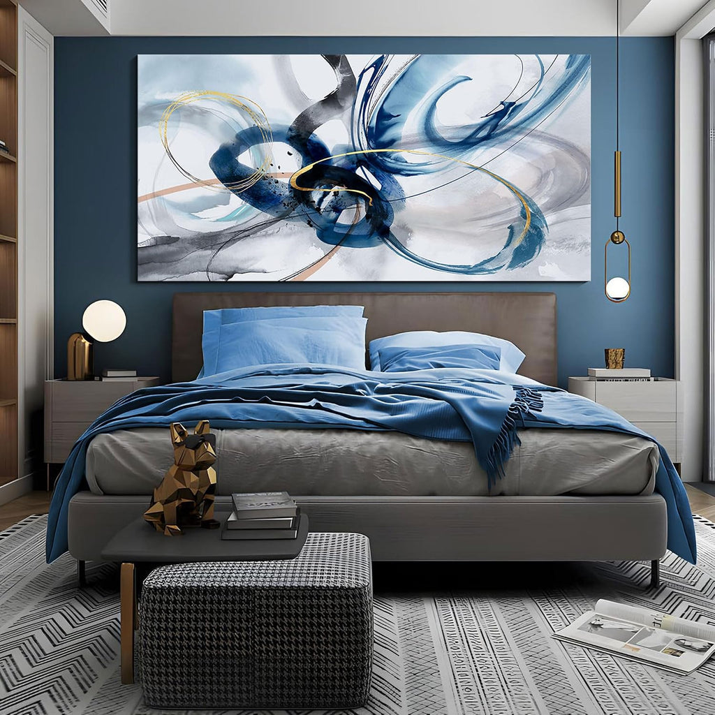 yiijeah Modern Large Abstract Wall Art - Bright and Bold Line Design - Blue and White Canvas Picture Artwork Wall art for living room and office Oversized Abstract wall Decor