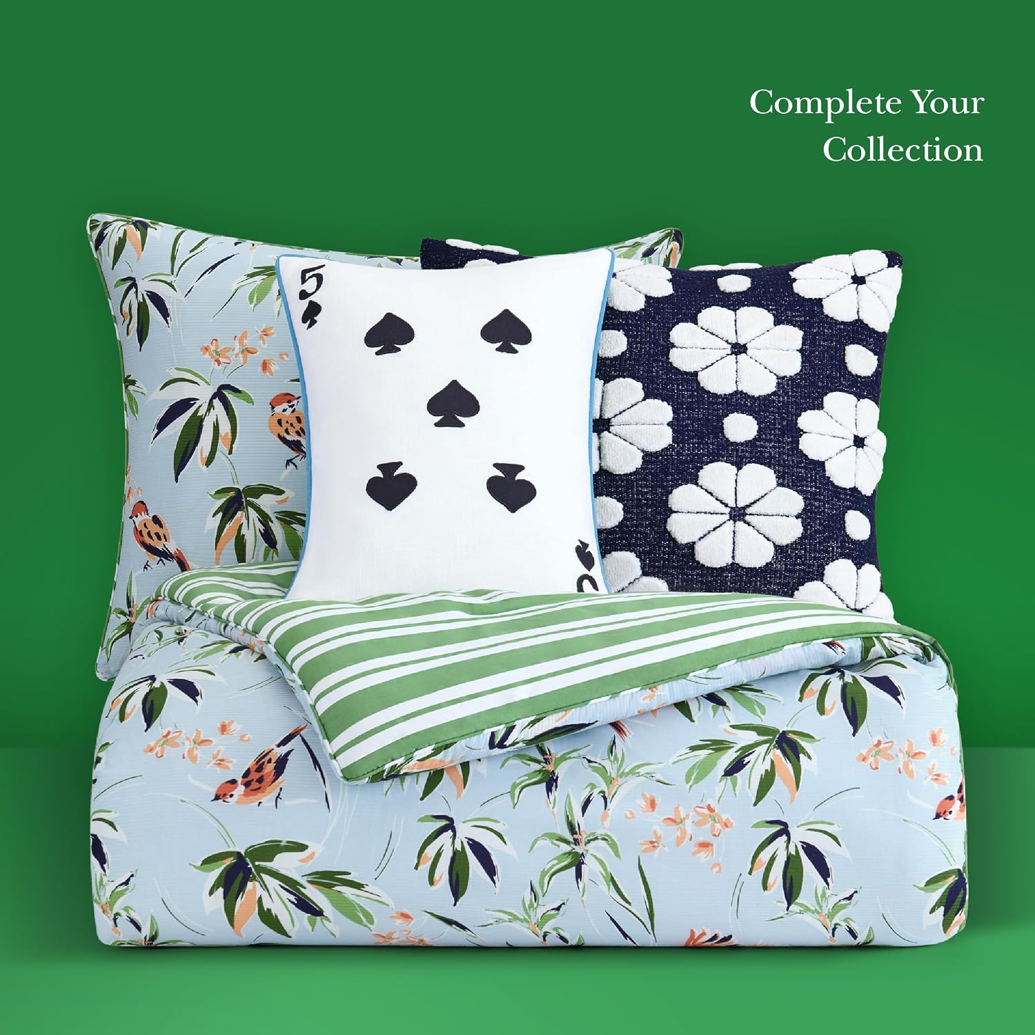kate spade new york Bird Garden King Comforter Set, 300 Thread Count Cotton Reversible Cover, All Season 3 Piece Bedding, Machine Washable, Floral Multicolor