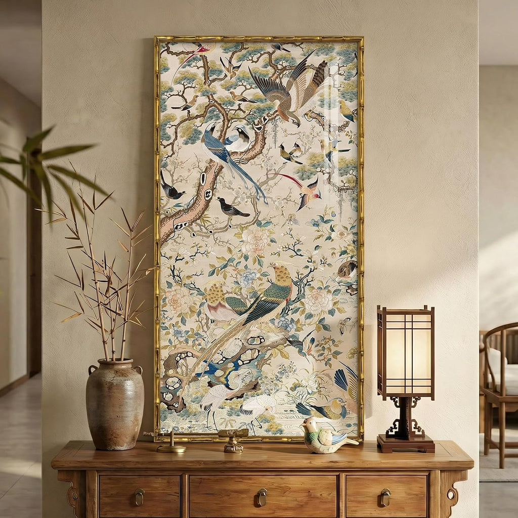 Vintage Gold Framed Chinoiserie Wall Art for Living Room, Vertical Retro Neutral Floral Bird Artwork for Walls, Canvas Print with Bamboo-Style Framed for Bedroom Dining Room Wall Decor, 20x40 Inch