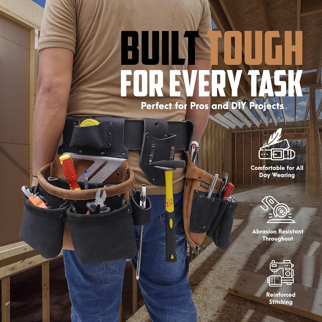 Grain Leather Tool Belt | Tool Rig Set | Tool Pouch | Drywall Tool Belt | Carpenter Tool Bag | Leather Tool Belts for Men | Construction | Framers | Electrician (Black & Brown)