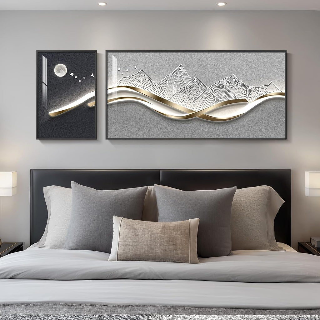 Large Framed Modern Abstract Wall Art for Living Room, 2 Piece Silver Mountain Bright Style Artworks for Wall, Luxury Gray Blue Minimalist Painting Prints for Bedroom Hallway Home Office Wall Decor