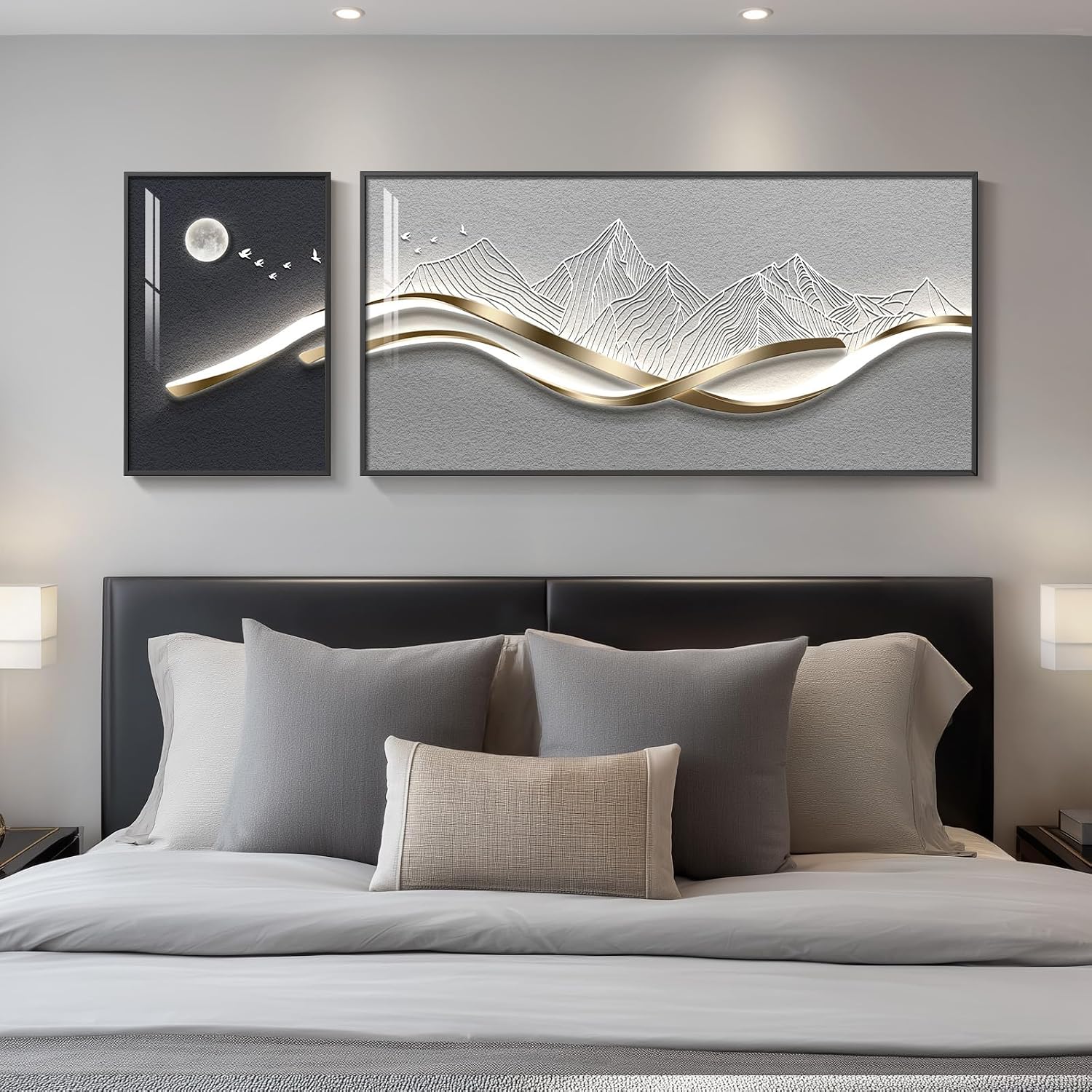 Large Framed Modern Abstract Wall Art for Living Room, 2 Piece Silver Mountain Bright Style Artworks for Wall, Luxury Gray Blue Minimalist Painting Prints for Bedroom Hallway Home Office Wall Decor