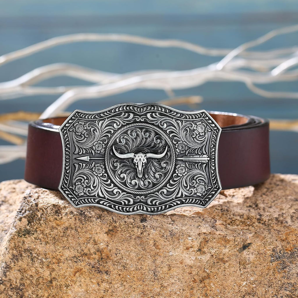 Men's Western Belt Buckle - Turquoise Texas Longhorn Bull Design for Cowboy & Rodeo Style