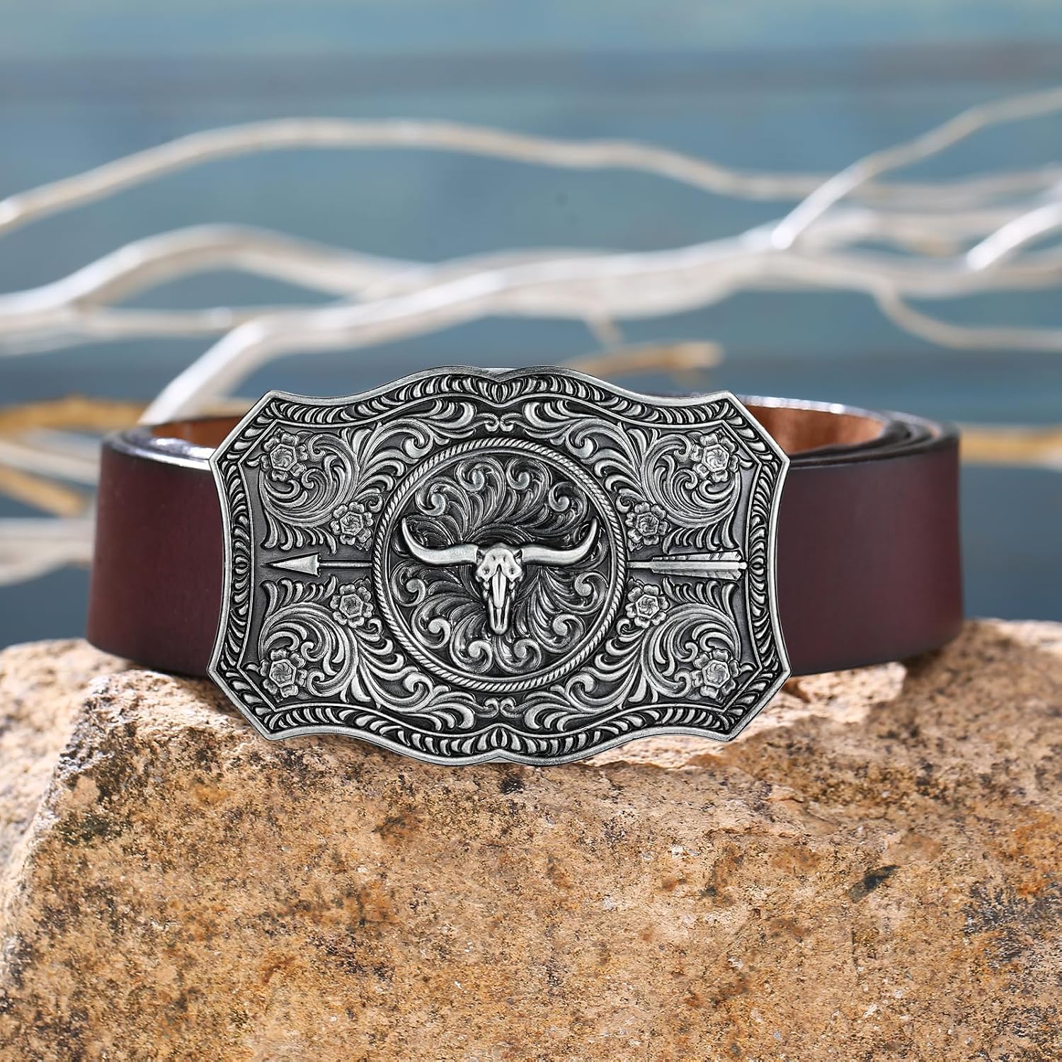 Men's Western Belt Buckle - Turquoise Texas Longhorn Bull Design for Cowboy & Rodeo Style