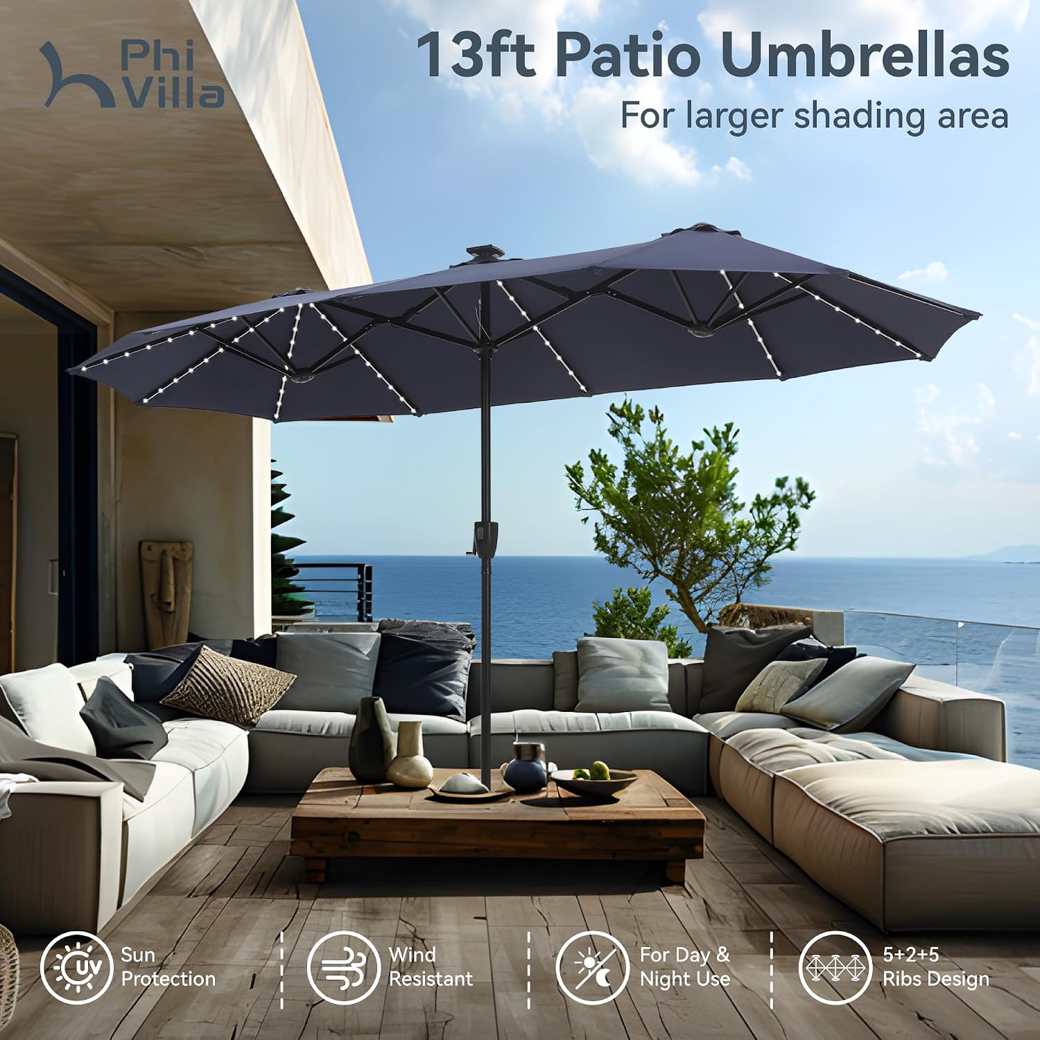 PHI VILLA 13ft Patio Umbrella with Solar-Powered 120 PCS LED Color-Changing Lights, Triple-Head Large Rectangle Umbrella Outdoor Patio for Table with Crank Lift,Navy Blue(No Base)