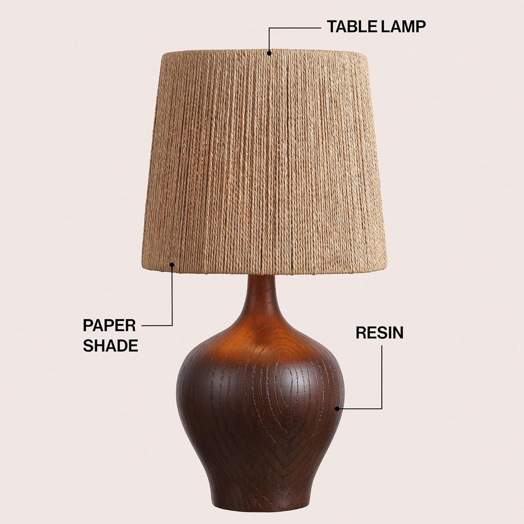 JONATHAN Y 23' Dark Brown Wood Finish Rustic Farmhouse Resin Gourd LED Table Lamp for Bedroom, Living Room, Nightstand, with Brown Paper Rope Shade, LED Bulb Included (JYL9200B)