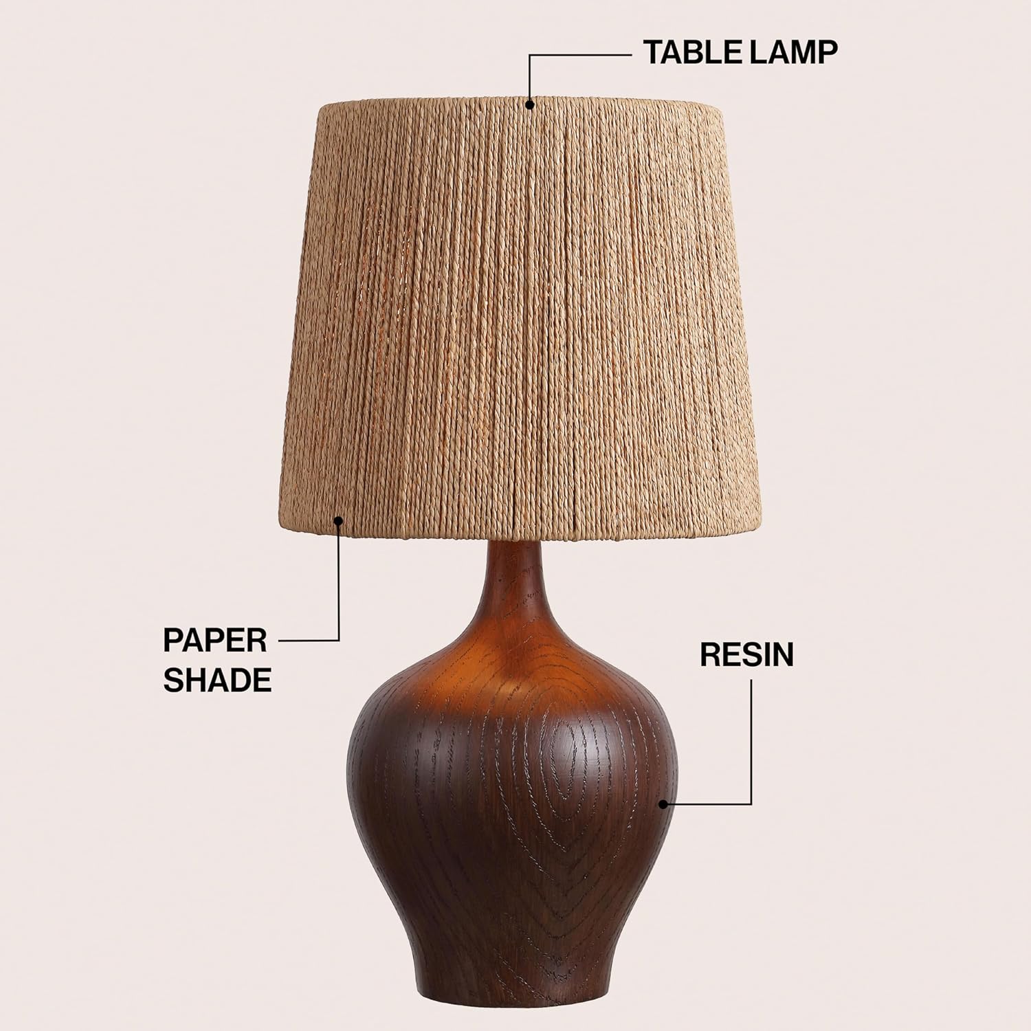 JONATHAN Y 23' Dark Brown Wood Finish Rustic Farmhouse Resin Gourd LED Table Lamp for Bedroom, Living Room, Nightstand, with Brown Paper Rope Shade, LED Bulb Included (JYL9200B)