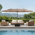 PHI VILLA 15ft 2-Tier Large Patio Umbrella with Solar Lights, Double-Sided Outdoor Market Rectangle Umbrellas with 36 LED Lights, Umbrella Base (Stand) Included, Beige