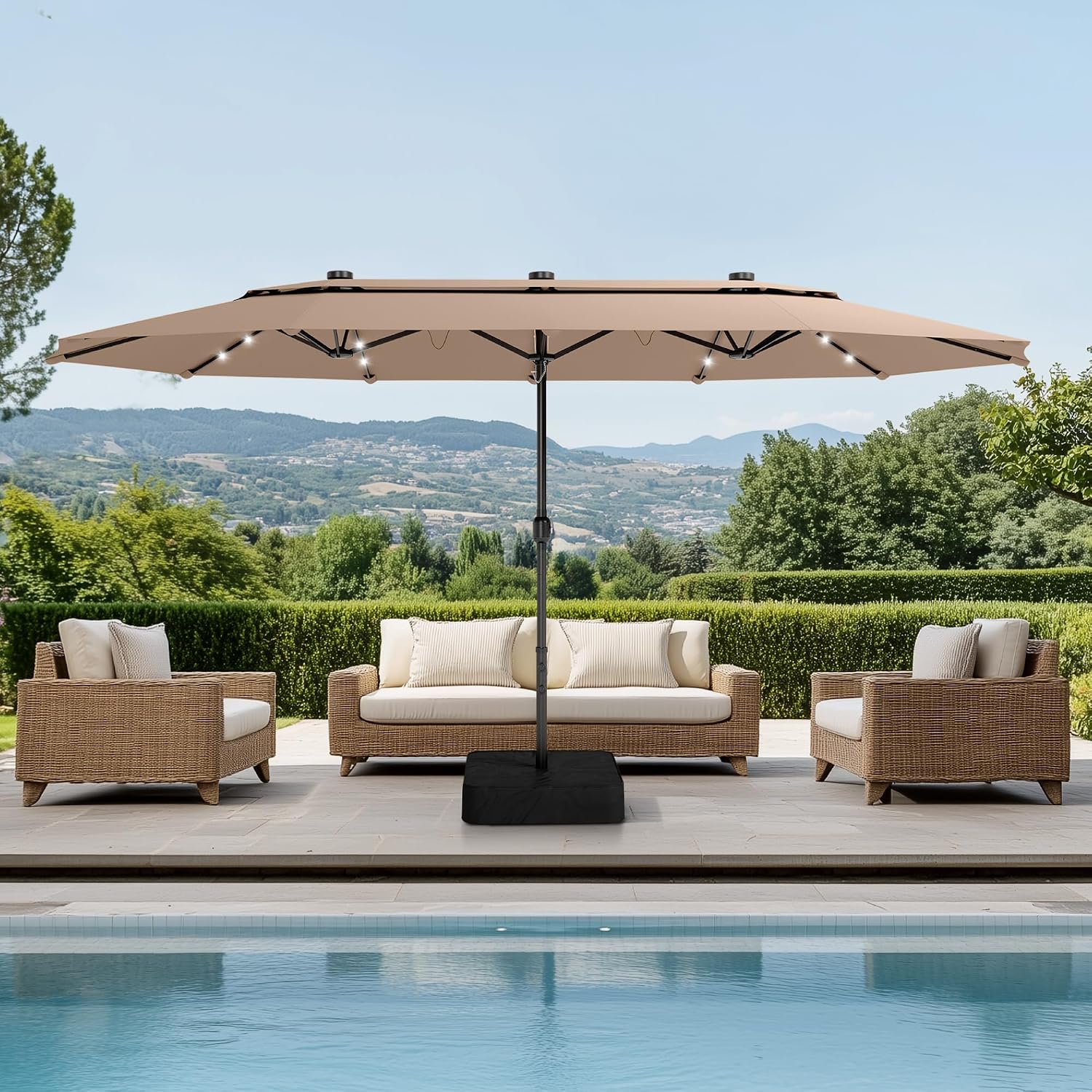 PHI VILLA 15ft 2-Tier Large Patio Umbrella with Solar Lights, Double-Sided Outdoor Market Rectangle Umbrellas with 36 LED Lights, Umbrella Base (Stand) Included, Beige