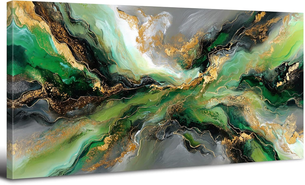 Emerald Green Abstract Wall Art Green and Gold Wall Decor Marble Canvas Picture for Living Room Above Couch Artwork Decorations Watercolor Liquid Textured Ink Prints Painting Poster Decor 75x147cm