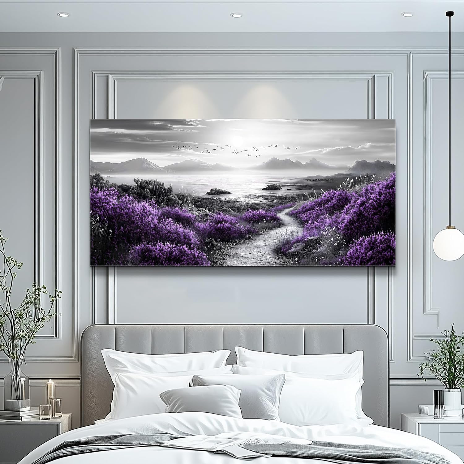 FUHAIHUA Canvas Wall Art For Living Room Large Wall Decor For Office Bedroom Decorations Purple Flowers Landscape Pictures Black And White Painting Artwork Wall Mural Aesthetic Home Decor 30x60 In
