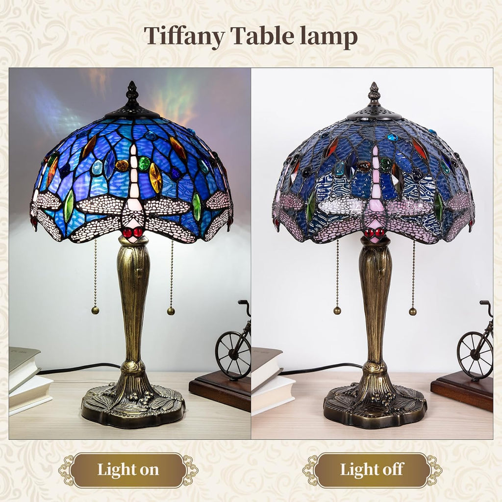 Small Tiffany Table Lamp, Blue Dragonfly Stained Glass Lamp,12 Inch Tiffany Style Lamp for Bedroom Living Room Home, Handcrafted Light, Included Bulb