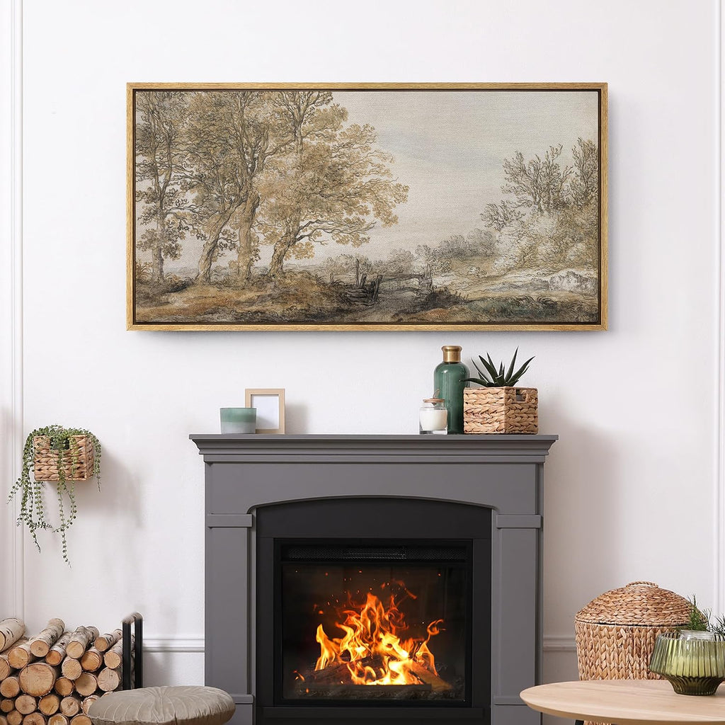 SIGNFORD Extra Large Framed Canvas Print Wall Art Classical Forest Sketch Vintage Style Tree Illustrations Modern Art Relax/Calm Warm for Living Room, Bedroom, Office - 60'x30'