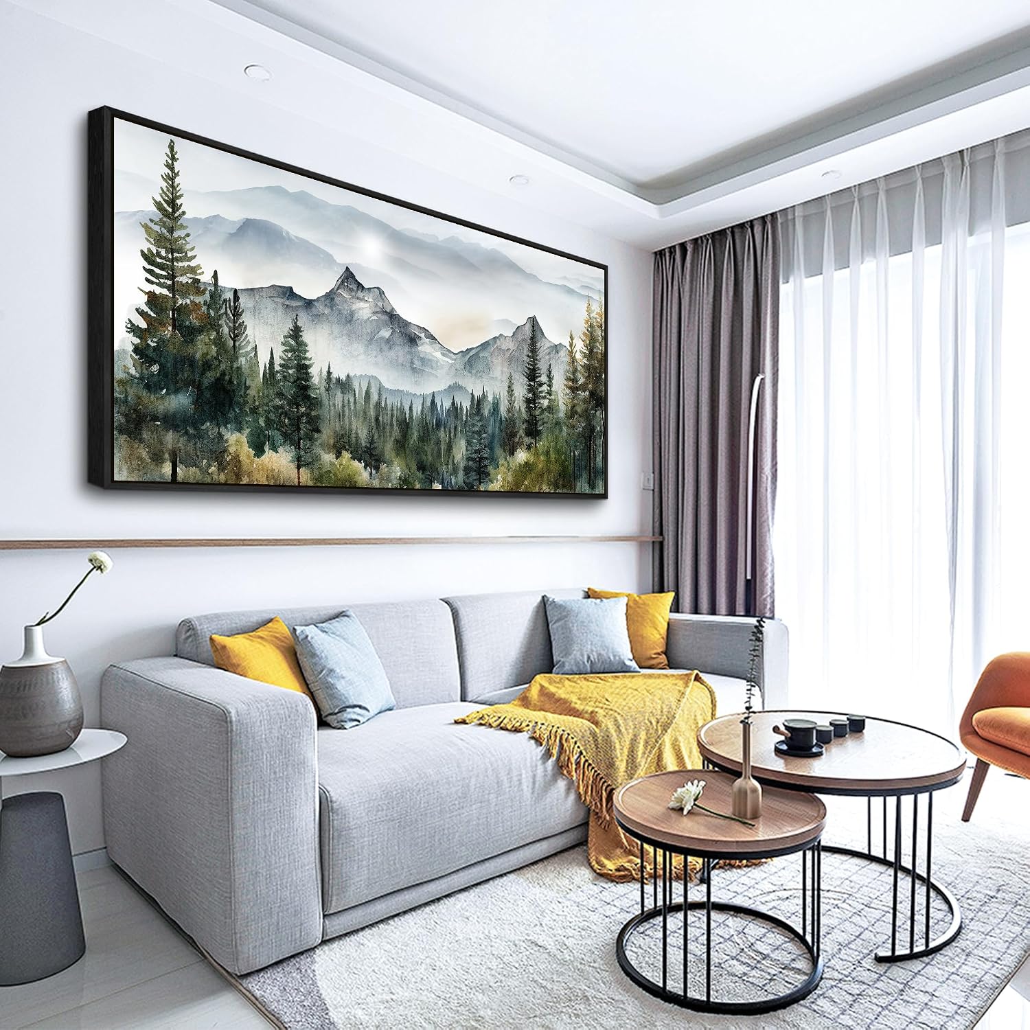 Wapluam Large Canvas Wall Decor For Living Room Bedroom - Modern Office Wall Art - Abstract Mountain Landscape - Stretched And Framed - Ready To Hang - Black Framed