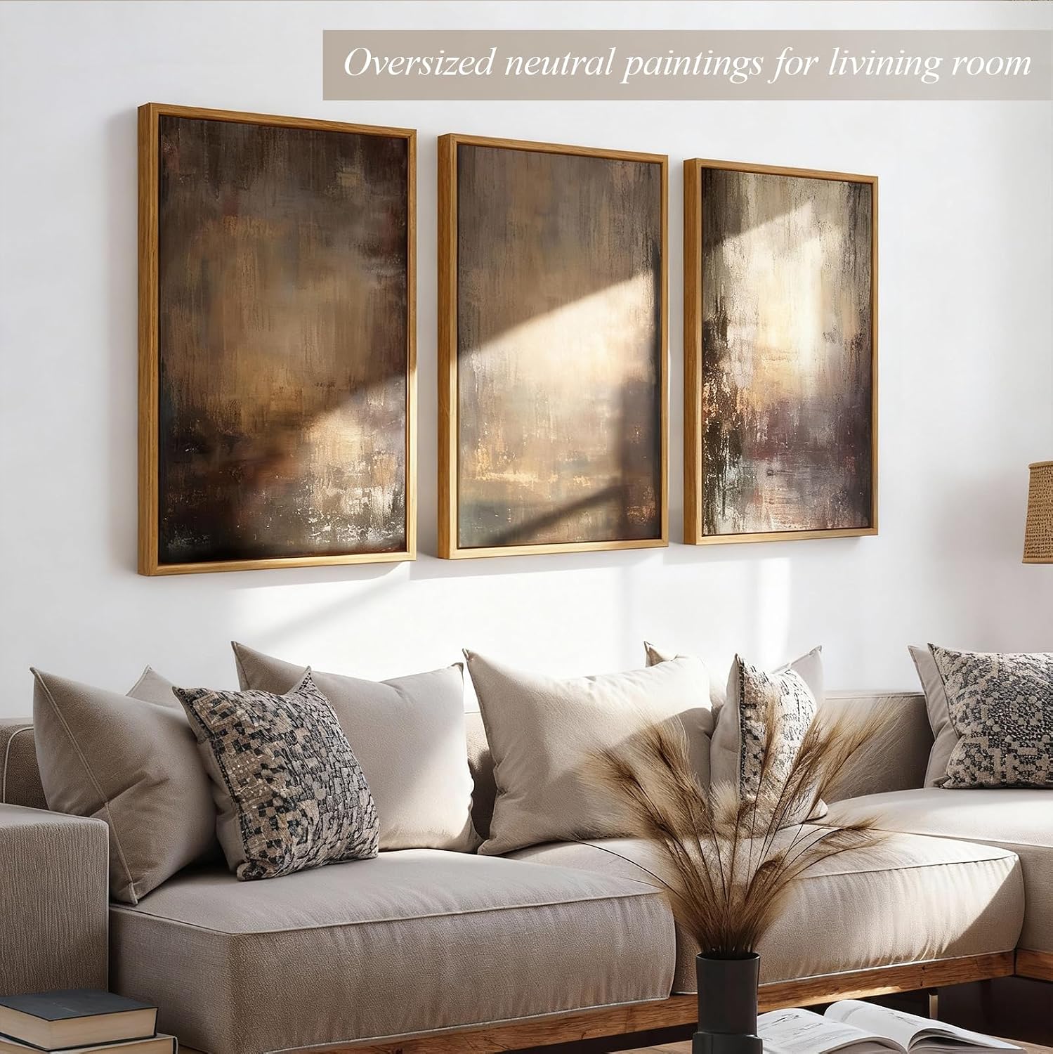 Vaskuro Extra Large Framed Art, Handmade Textured Canvas Paintings, Neutral Abstract Brown Wall Decor for Living Room, 3 Pcs,24x36In, Modern Minimalist Cozy Artwork for Bedroom