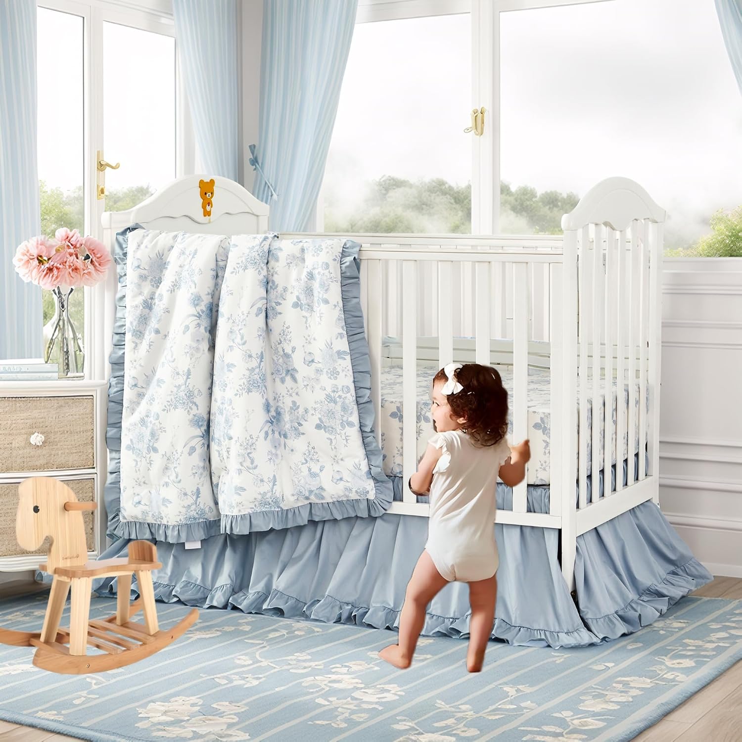 Brandream French Country Toile Crib Bedding Set for Girls Vintage Blue Grandmillennial Toile Floral Print 100% Cotton Baby Girl Nursery Bedding - 3 Pieces Ruffles Quilt,Toile Crib Sheet,Crib Bed Skirt