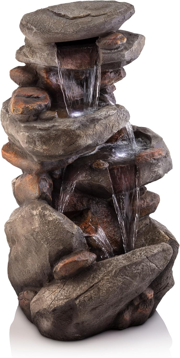 Alpine Corporation | 40' 4-Tier Rock Floor Fountain with Cascading Water & White LED Lights, Tranquil Outdoor Water Feature for Garden, Patio, Yard & Deck, Light Gray