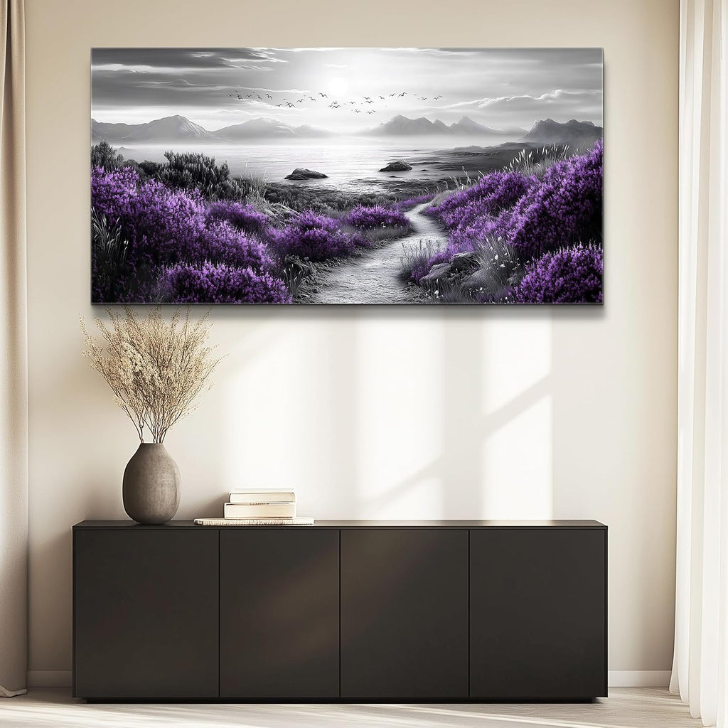 FUHAIHUA Canvas Wall Art For Living Room Large Wall Decor For Office Bedroom Decorations Purple Flowers Landscape Pictures Black And White Painting Artwork Wall Mural Aesthetic Home Decor 30x60 In