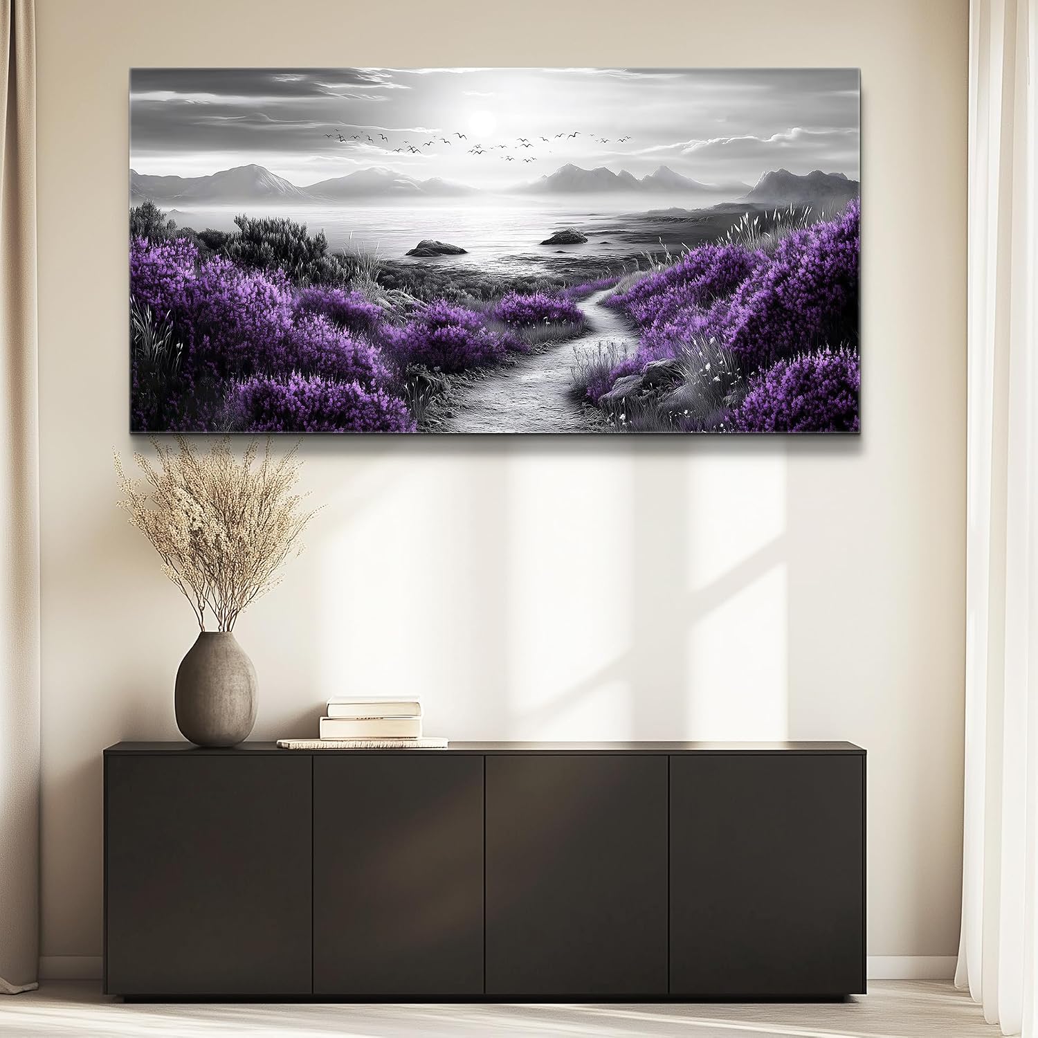 FUHAIHUA Canvas Wall Art For Living Room Large Wall Decor For Office Bedroom Decorations Purple Flowers Landscape Pictures Black And White Painting Artwork Wall Mural Aesthetic Home Decor 30x60 In